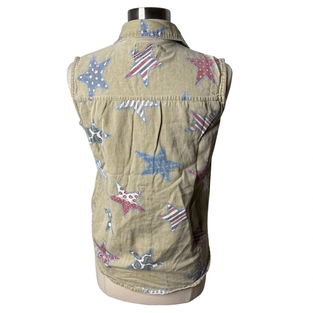 Vintage Quizz New York Americana Star Print Sleeveless Button Up Top Size Small